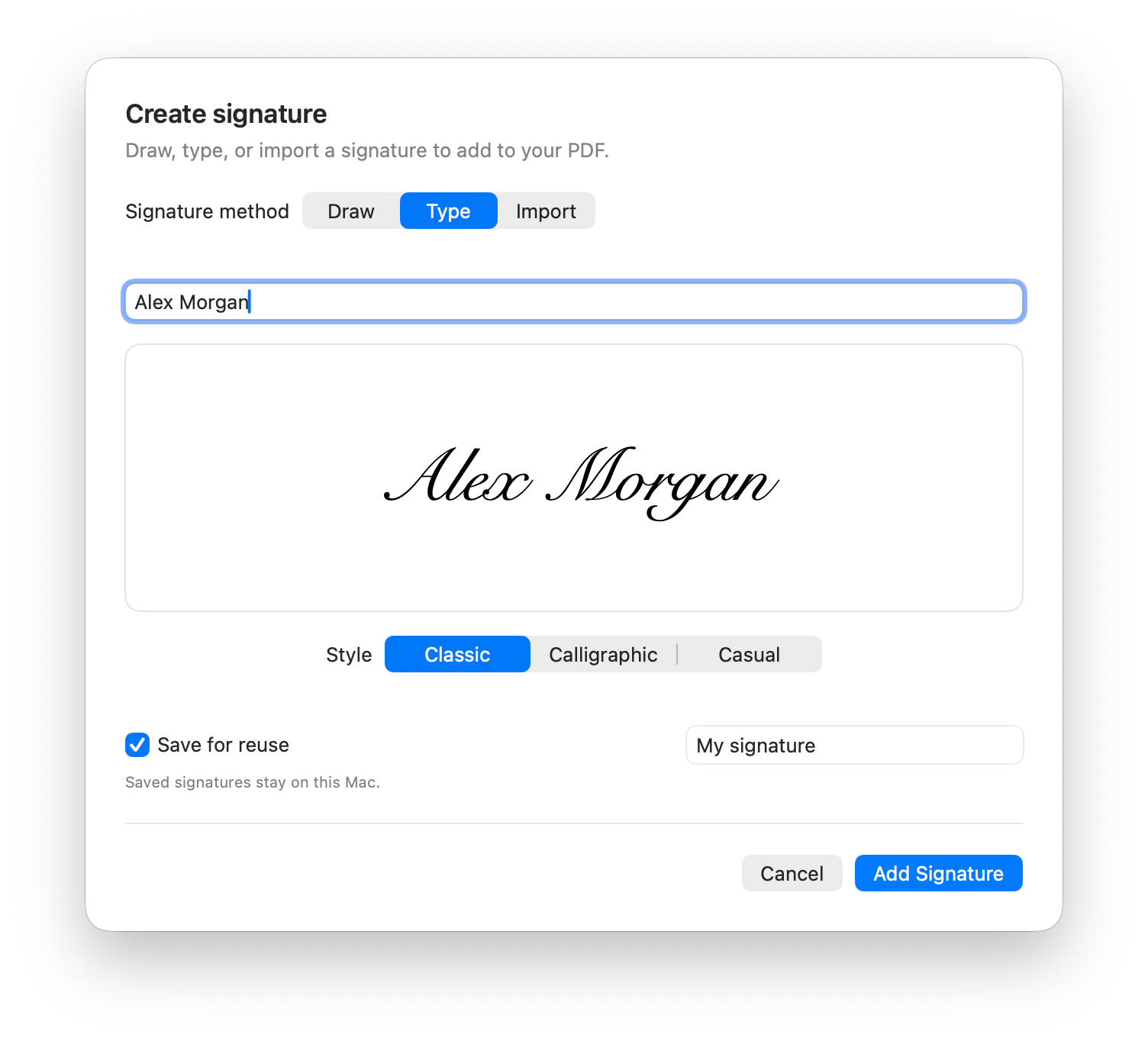 Blank’s Create Signature window with Draw, Type, and Import options, previewing the fictional name Alex Morgan.