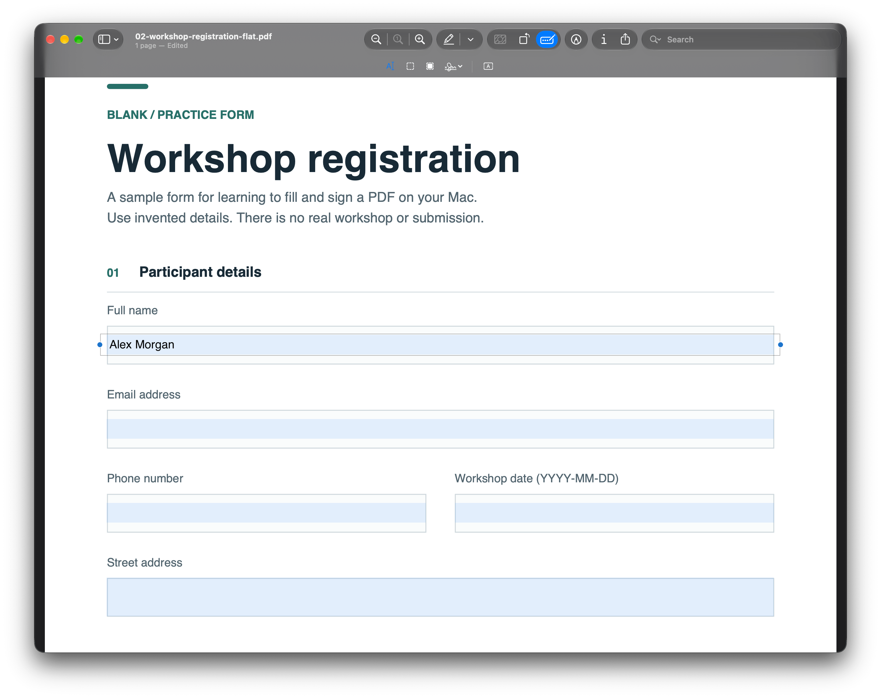 Preview displaying the flat sample PDF with Alex Morgan selected over the Full name line.