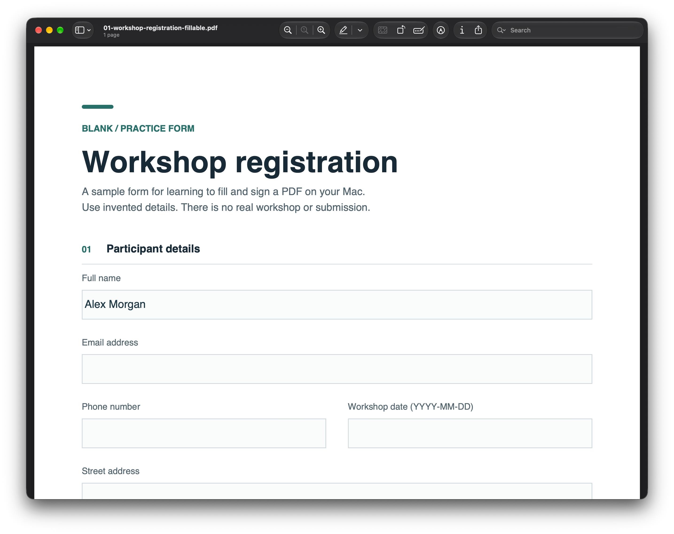 Preview displaying a fillable workshop registration PDF with Alex Morgan entered in the Full name field.