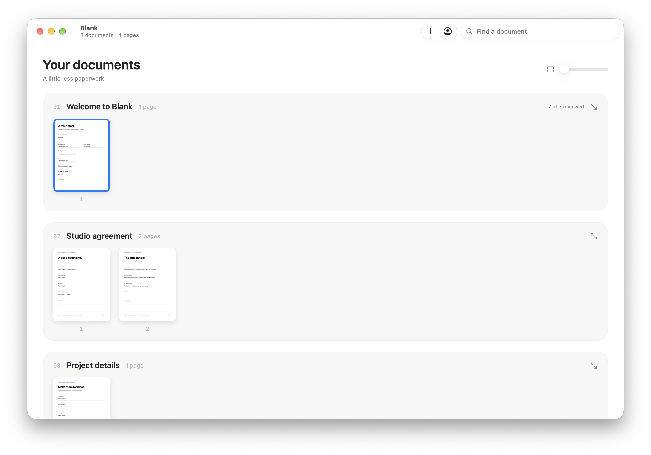 Blank’s document overview with sample PDFs and locally saved drafts.