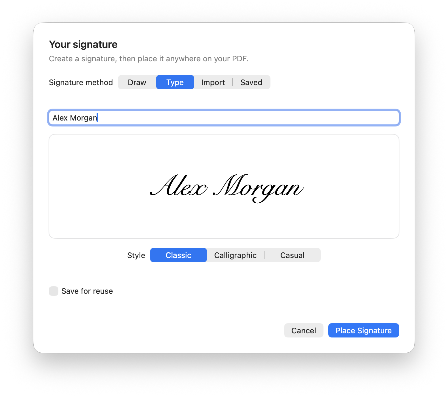 Blank’s native signature sheet previewing the fictional name Alex Morgan as a typed signature, with options to draw or import one.